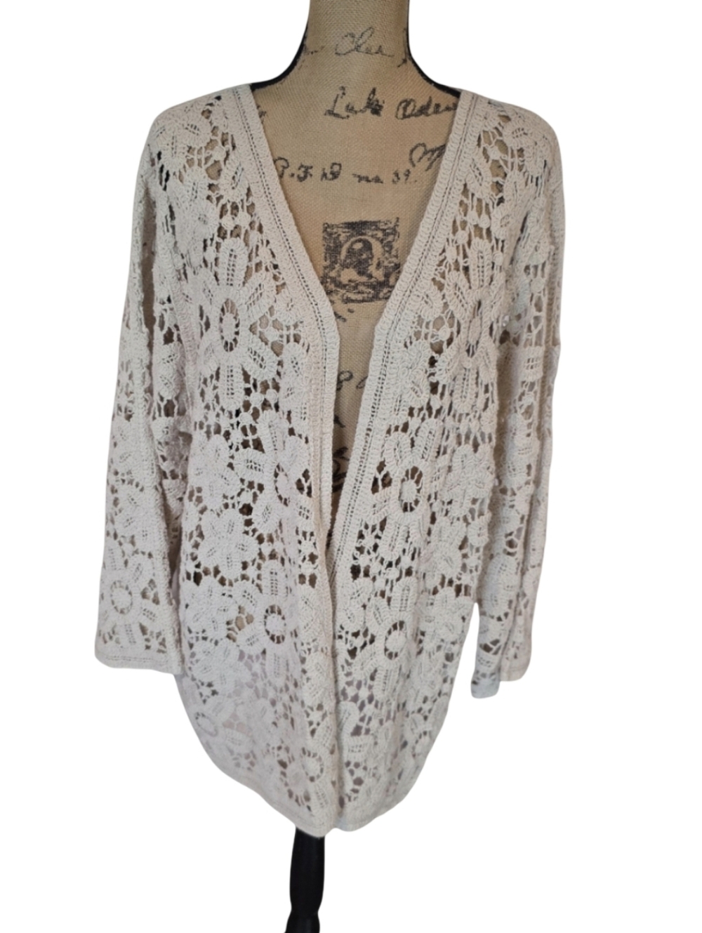Solitaire Open-Front Crochet Chunky Floral Cardigan‎ Cream Feminine Plus Size 2X